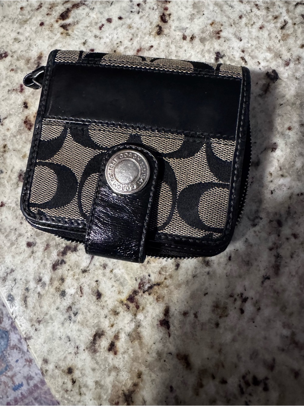 Coach Black and Beige Signature Coin Wallet